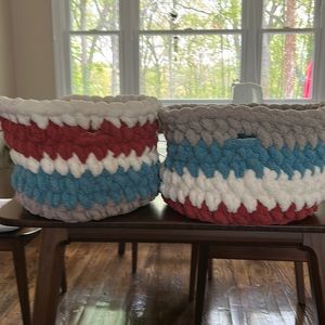2 hand crocheted baskets